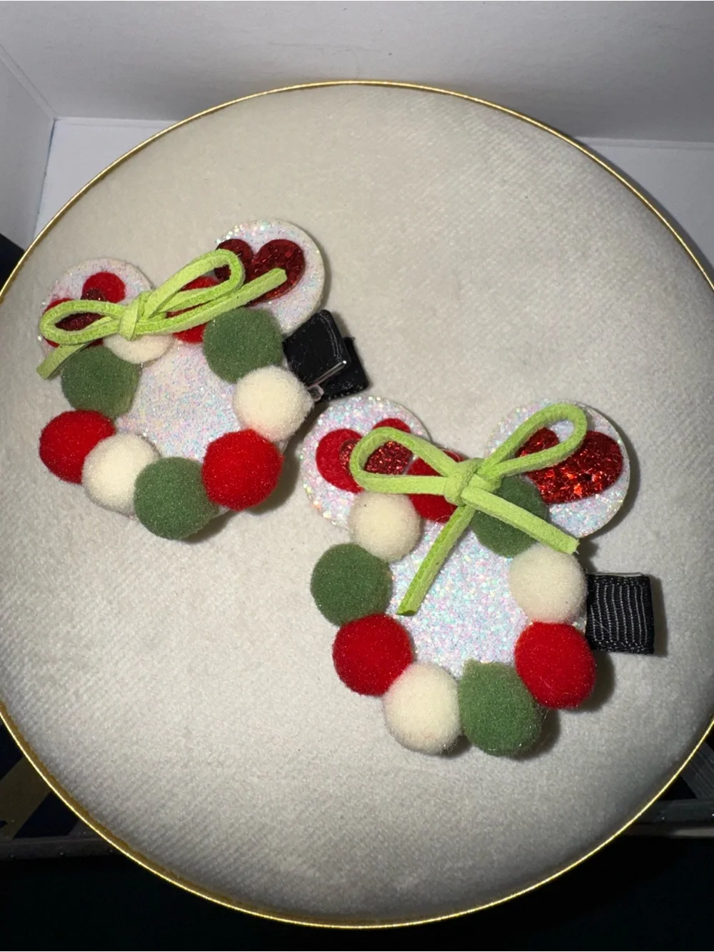 Kids Heart Pom-Pom Hair Clips - Red, Green & White